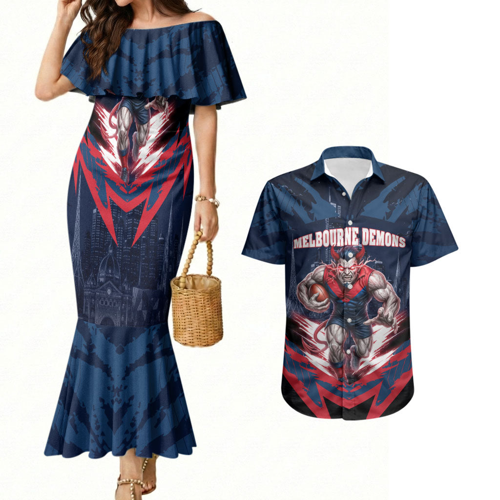 Personalised Melbourne Demons Football Couples Matching Mermaid Dress and Hawaiian Shirt Fierce Devil Mascot 3D Grunge City Art