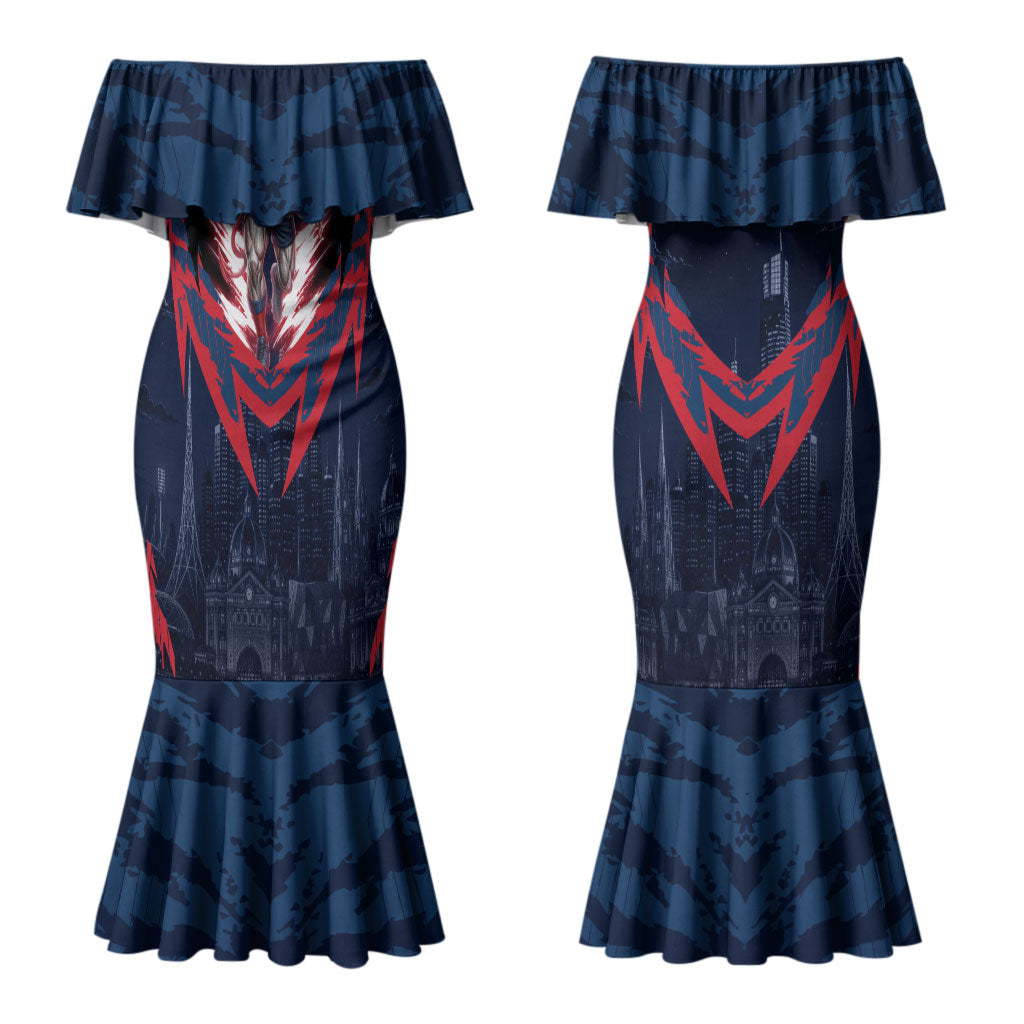 Personalised Melbourne Demons Football Couples Matching Mermaid Dress and Hawaiian Shirt Fierce Devil Mascot 3D Grunge City Art