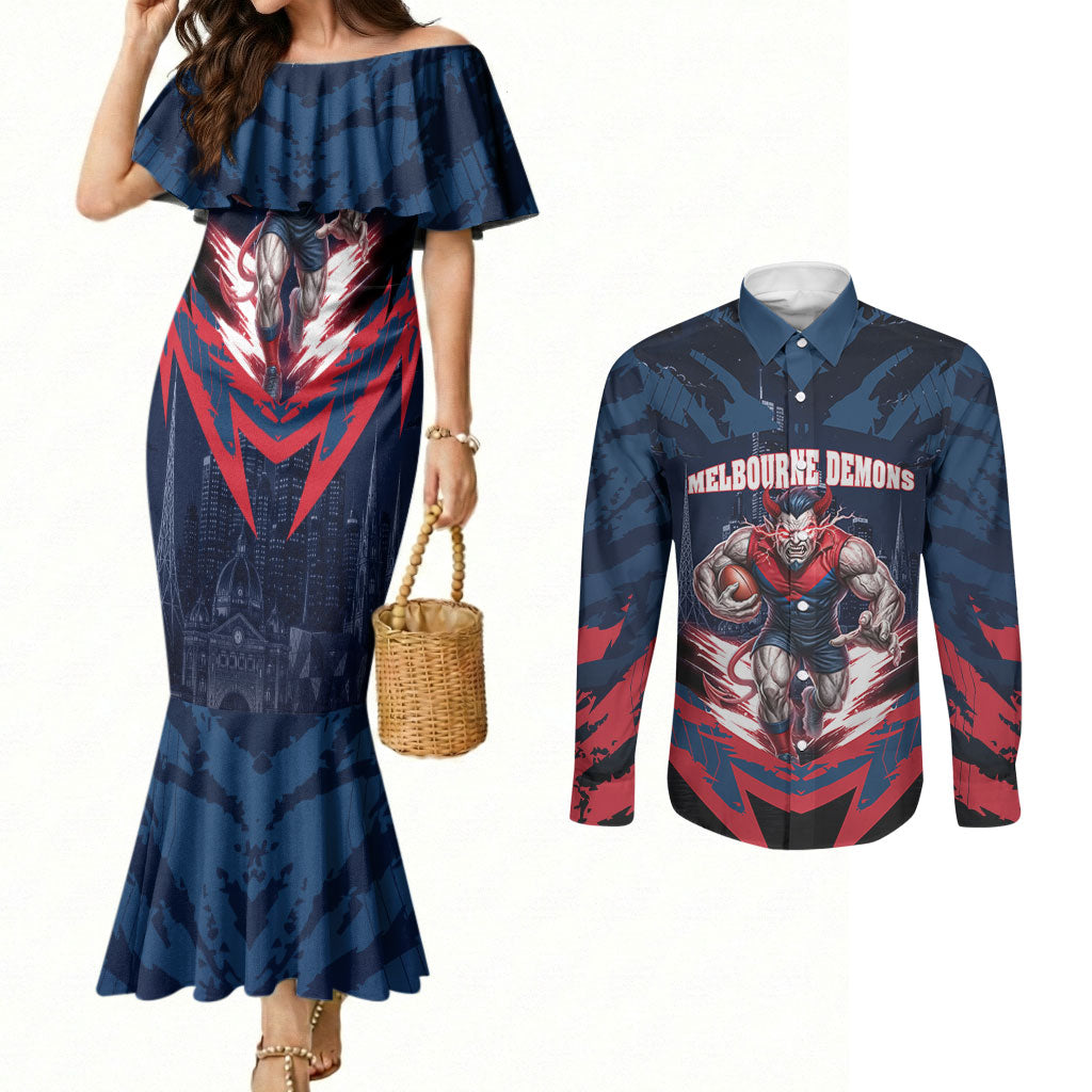Personalised Melbourne Demons Football Couples Matching Mermaid Dress and Long Sleeve Button Shirt Fierce Devil Mascot 3D Grunge City Art