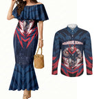 Personalised Melbourne Demons Football Couples Matching Mermaid Dress and Long Sleeve Button Shirt Fierce Devil Mascot 3D Grunge City Art