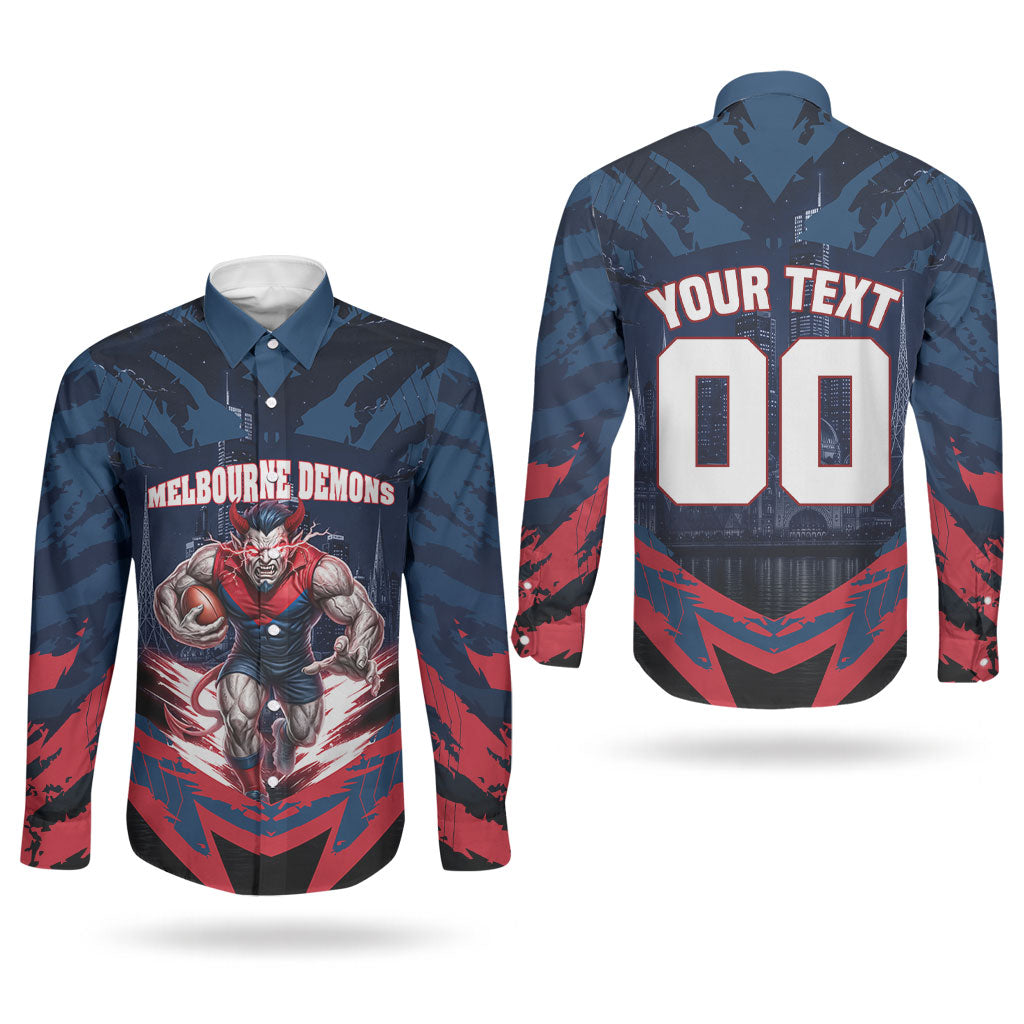 Personalised Melbourne Demons Football Couples Matching Mermaid Dress and Long Sleeve Button Shirt Fierce Devil Mascot 3D Grunge City Art