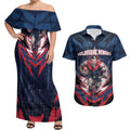 Personalised Melbourne Demons Football Couples Matching Off Shoulder Maxi Dress and Hawaiian Shirt Fierce Devil Mascot 3D Grunge City Art