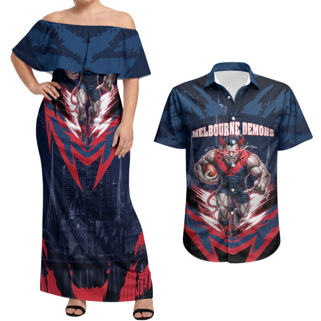Personalised Melbourne Demons Football Couples Matching Off Shoulder Maxi Dress and Hawaiian Shirt Fierce Devil Mascot 3D Grunge City Art
