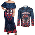 Personalised Melbourne Demons Football Couples Matching Off Shoulder Maxi Dress and Long Sleeve Button Shirt Fierce Devil Mascot 3D Grunge City Art