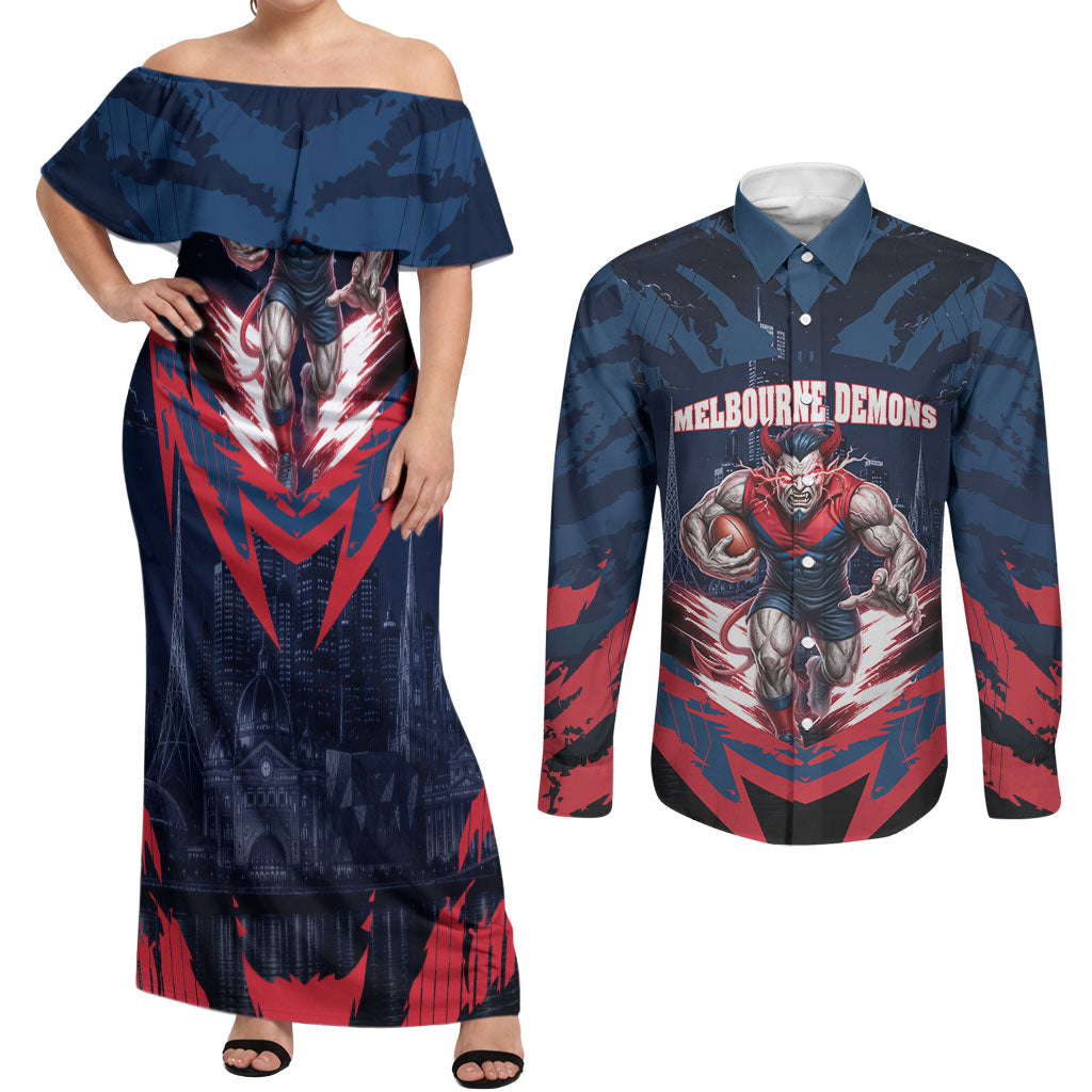 Personalised Melbourne Demons Football Couples Matching Off Shoulder Maxi Dress and Long Sleeve Button Shirt Fierce Devil Mascot 3D Grunge City Art