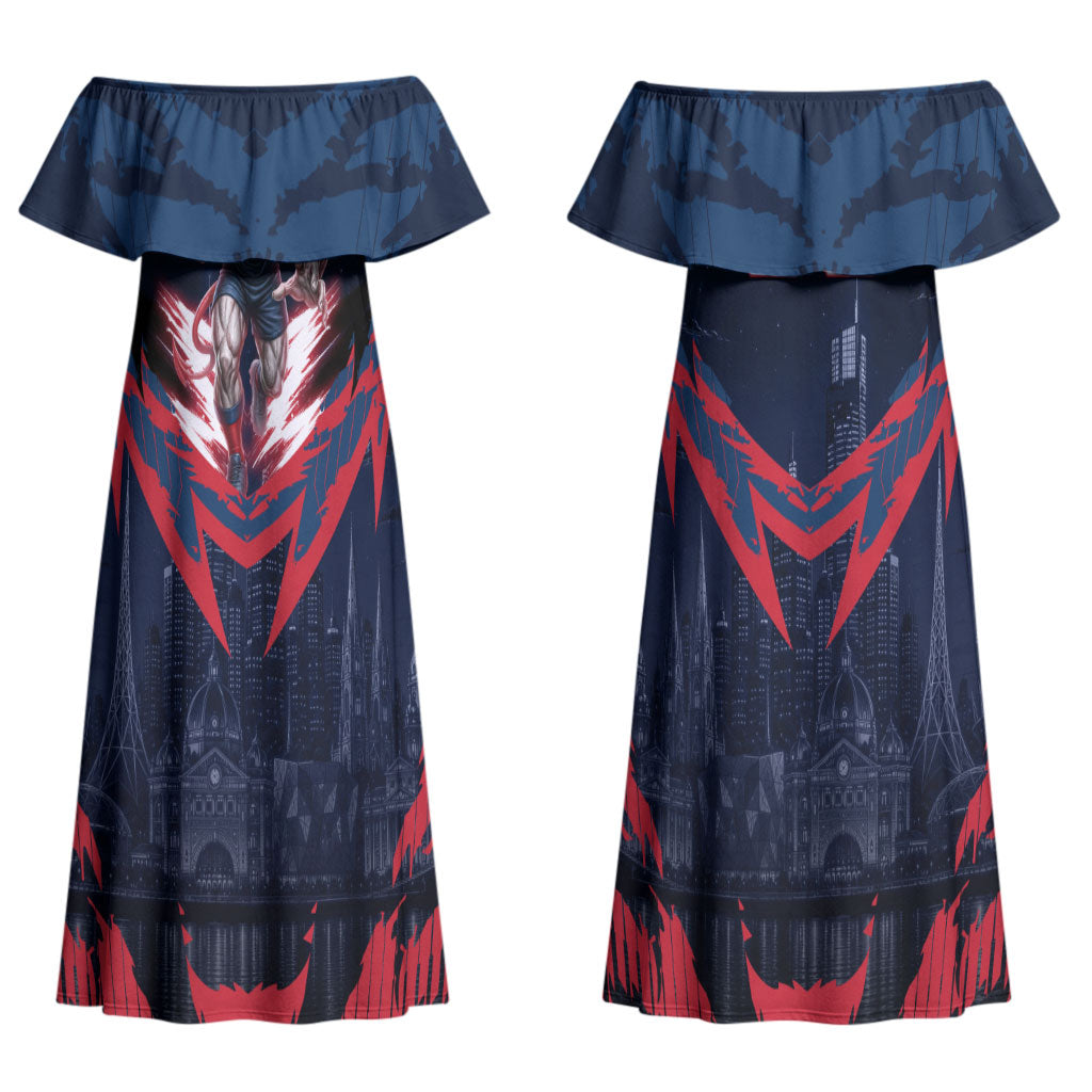 Personalised Melbourne Demons Football Couples Matching Off Shoulder Maxi Dress and Long Sleeve Button Shirt Fierce Devil Mascot 3D Grunge City Art