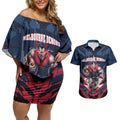 Personalised Melbourne Demons Football Couples Matching Off Shoulder Short Dress and Hawaiian Shirt Fierce Devil Mascot 3D Grunge City Art