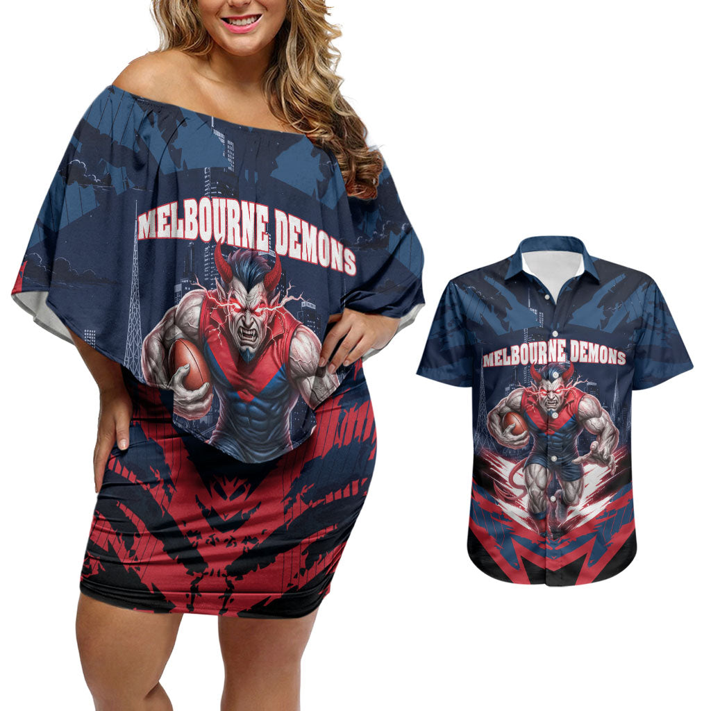 Personalised Melbourne Demons Football Couples Matching Off Shoulder Short Dress and Hawaiian Shirt Fierce Devil Mascot 3D Grunge City Art