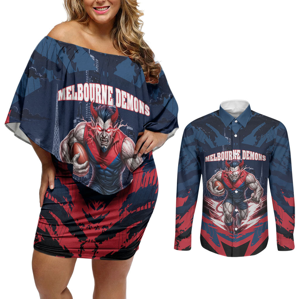 Personalised Melbourne Demons Football Couples Matching Off Shoulder Short Dress and Long Sleeve Button Shirt Fierce Devil Mascot 3D Grunge City Art