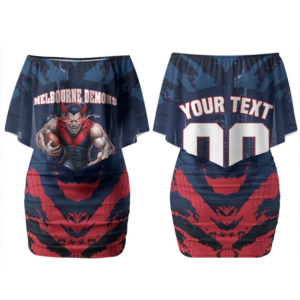 Personalised Melbourne Demons Football Couples Matching Off Shoulder Short Dress and Long Sleeve Button Shirt Fierce Devil Mascot 3D Grunge City Art