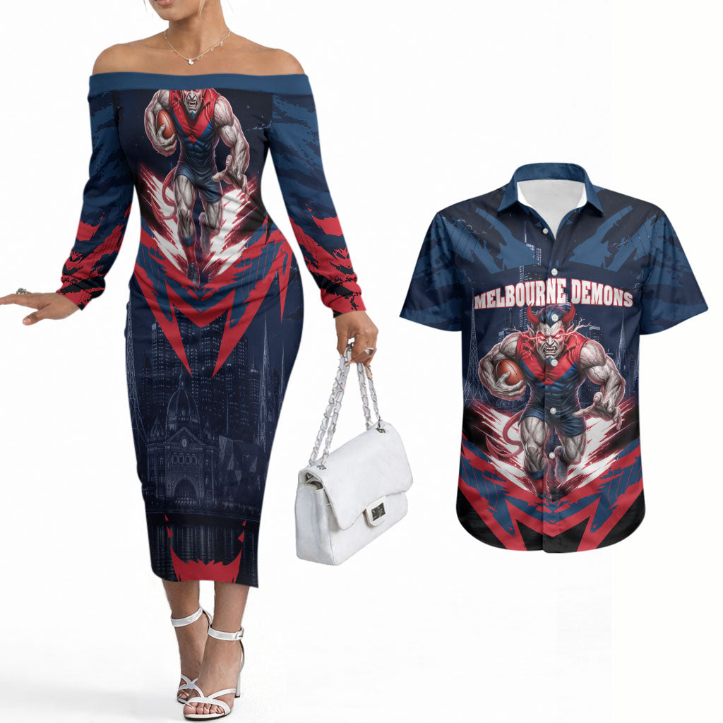 Personalised Melbourne Demons Football Couples Matching Off The Shoulder Long Sleeve Dress and Hawaiian Shirt Fierce Devil Mascot 3D Grunge City Art
