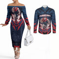 Personalised Melbourne Demons Football Couples Matching Off The Shoulder Long Sleeve Dress and Long Sleeve Button Shirt Fierce Devil Mascot 3D Grunge City Art