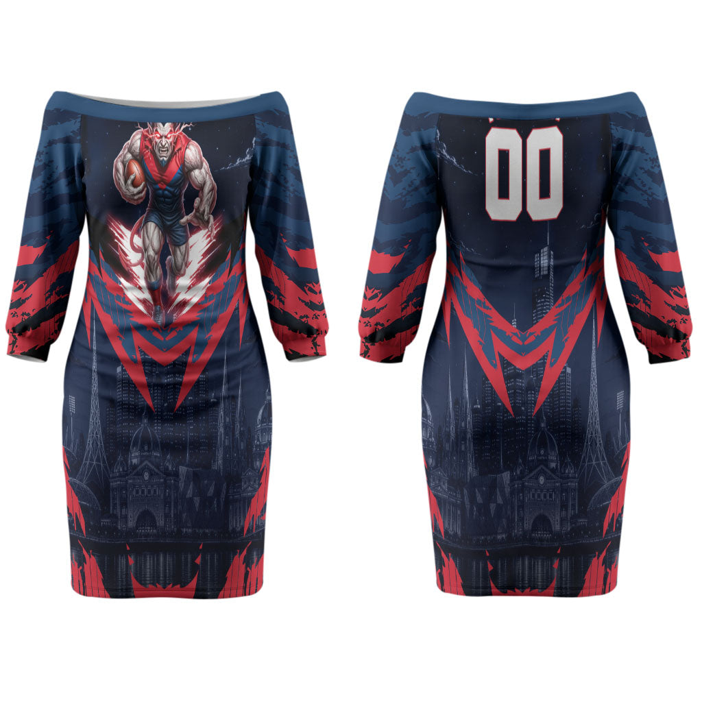Personalised Melbourne Demons Football Couples Matching Off The Shoulder Long Sleeve Dress and Long Sleeve Button Shirt Fierce Devil Mascot 3D Grunge City Art