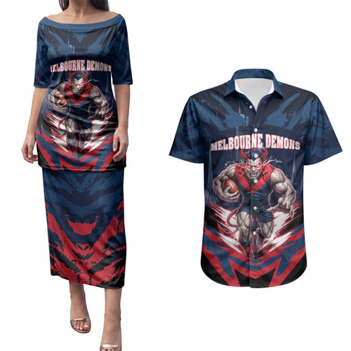 Personalised Melbourne Demons Football Couples Matching Puletasi and Hawaiian Shirt Fierce Devil Mascot 3D Grunge City Art