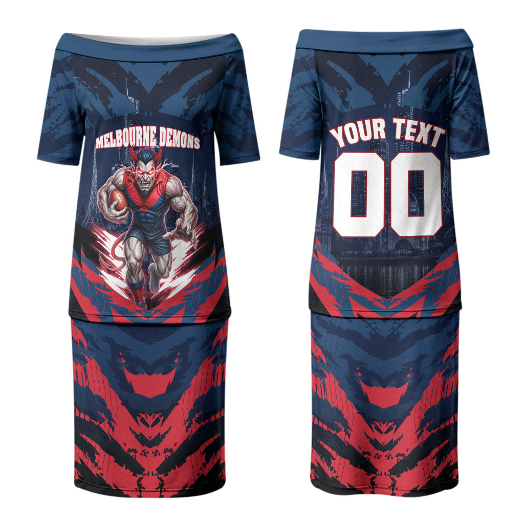 Personalised Melbourne Demons Football Couples Matching Puletasi and Hawaiian Shirt Fierce Devil Mascot 3D Grunge City Art