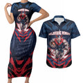Personalised Melbourne Demons Football Couples Matching Short Sleeve Bodycon Dress and Hawaiian Shirt Fierce Devil Mascot 3D Grunge City Art
