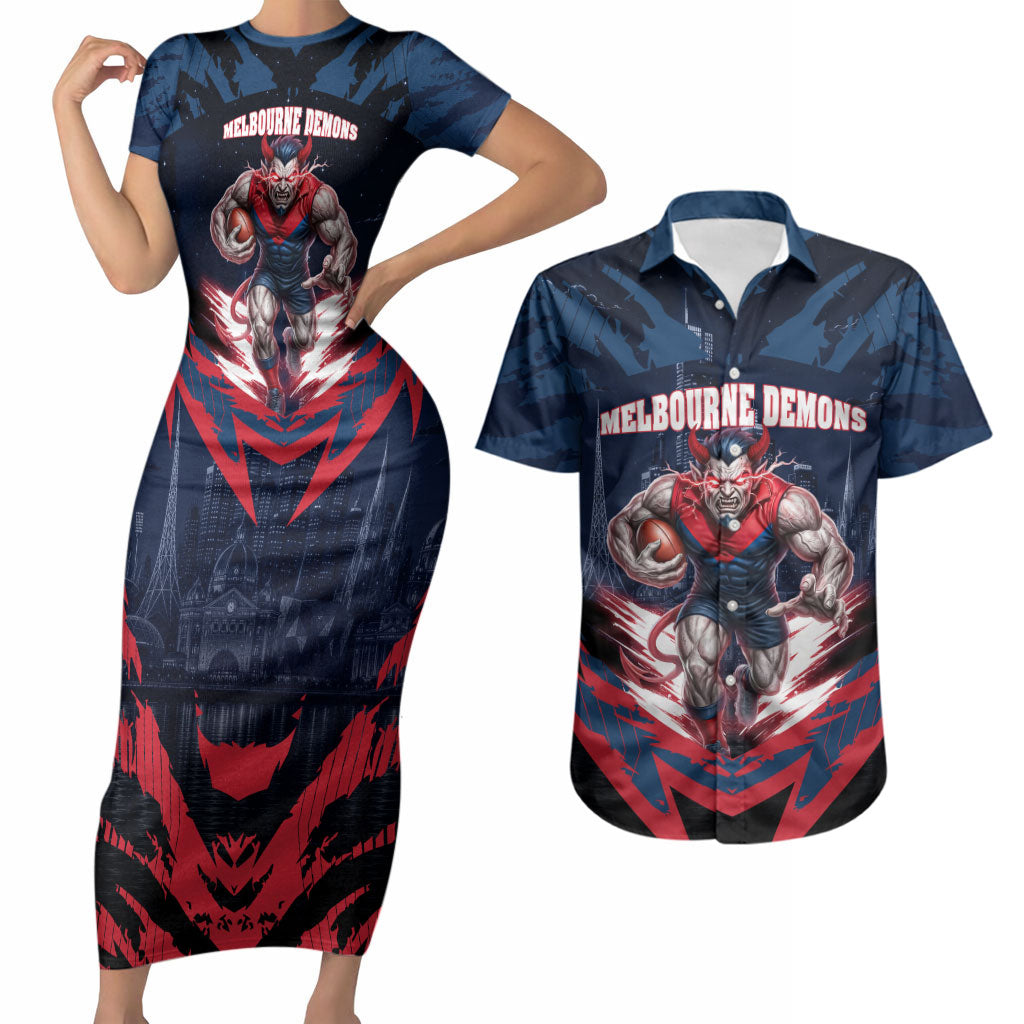 Personalised Melbourne Demons Football Couples Matching Short Sleeve Bodycon Dress and Hawaiian Shirt Fierce Devil Mascot 3D Grunge City Art
