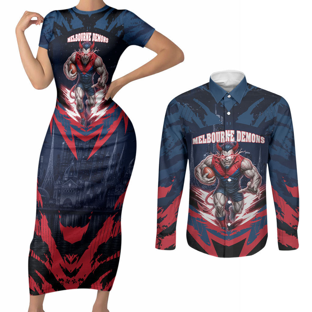 Personalised Melbourne Demons Football Couples Matching Short Sleeve Bodycon Dress and Long Sleeve Button Shirt Fierce Devil Mascot 3D Grunge City Art