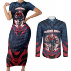 Personalised Melbourne Demons Football Couples Matching Short Sleeve Bodycon Dress and Long Sleeve Button Shirt Fierce Devil Mascot 3D Grunge City Art