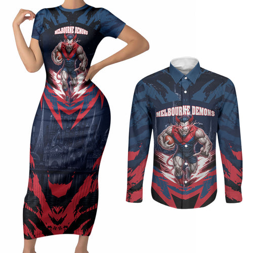 Personalised Melbourne Demons Football Couples Matching Short Sleeve Bodycon Dress and Long Sleeve Button Shirt Fierce Devil Mascot 3D Grunge City Art