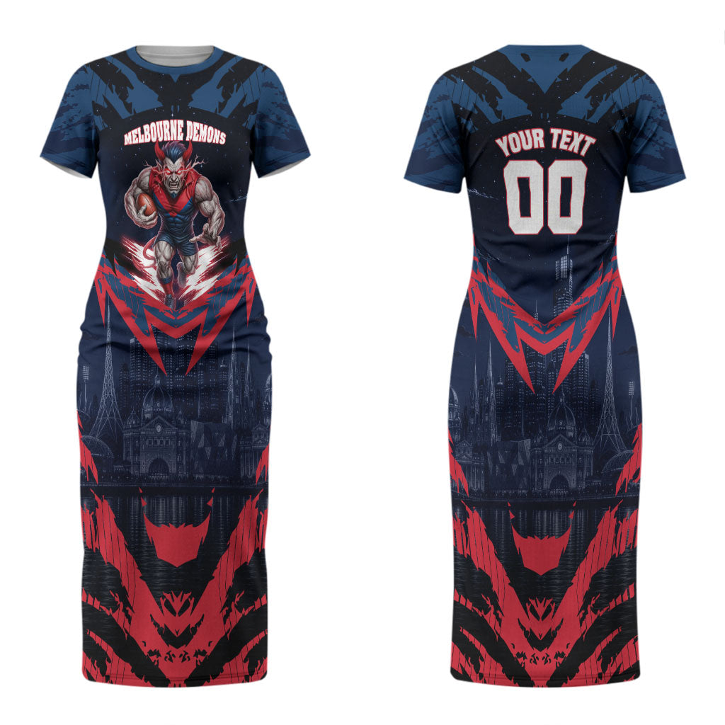 Personalised Melbourne Demons Football Couples Matching Short Sleeve Bodycon Dress and Long Sleeve Button Shirt Fierce Devil Mascot 3D Grunge City Art