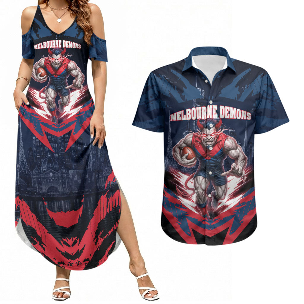 Personalised Melbourne Demons Football Couples Matching Summer Maxi Dress and Hawaiian Shirt Fierce Devil Mascot 3D Grunge City Art