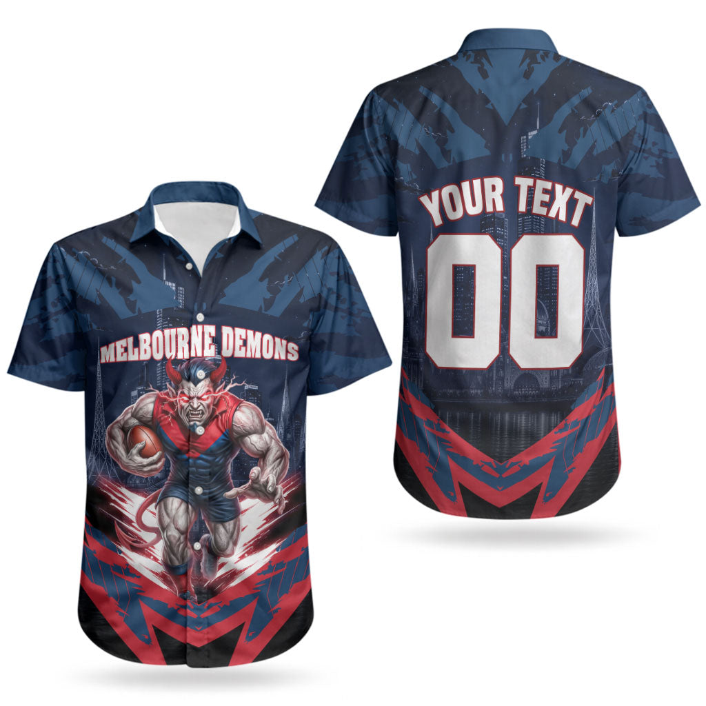 Personalised Melbourne Demons Football Couples Matching Summer Maxi Dress and Hawaiian Shirt Fierce Devil Mascot 3D Grunge City Art