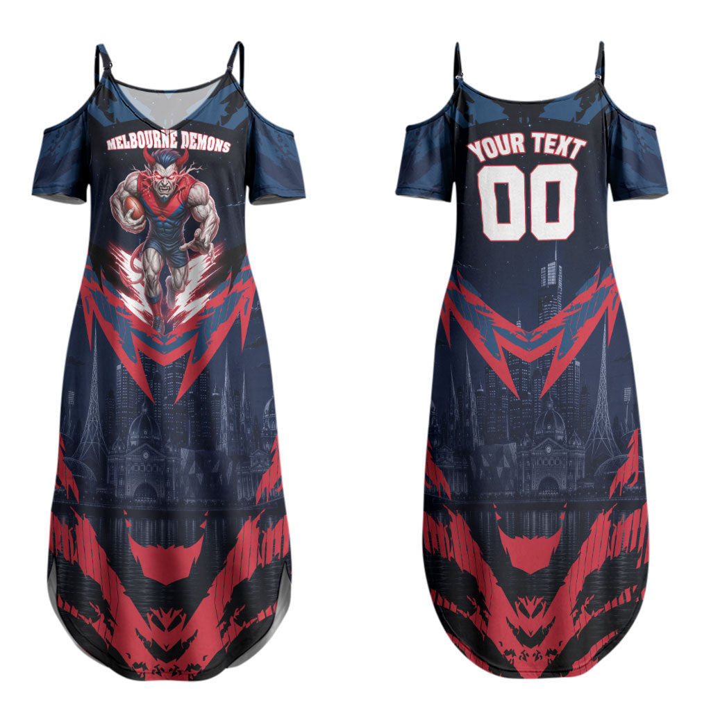 Personalised Melbourne Demons Football Couples Matching Summer Maxi Dress and Long Sleeve Button Shirt Fierce Devil Mascot 3D Grunge City Art
