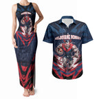 Personalised Melbourne Demons Football Couples Matching Tank Maxi Dress and Hawaiian Shirt Fierce Devil Mascot 3D Grunge City Art