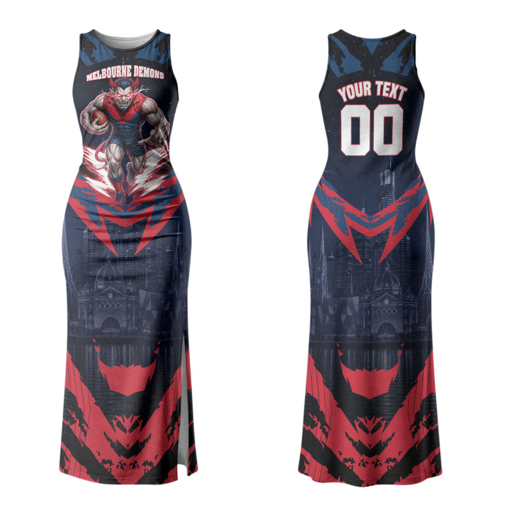 Personalised Melbourne Demons Football Couples Matching Tank Maxi Dress and Hawaiian Shirt Fierce Devil Mascot 3D Grunge City Art