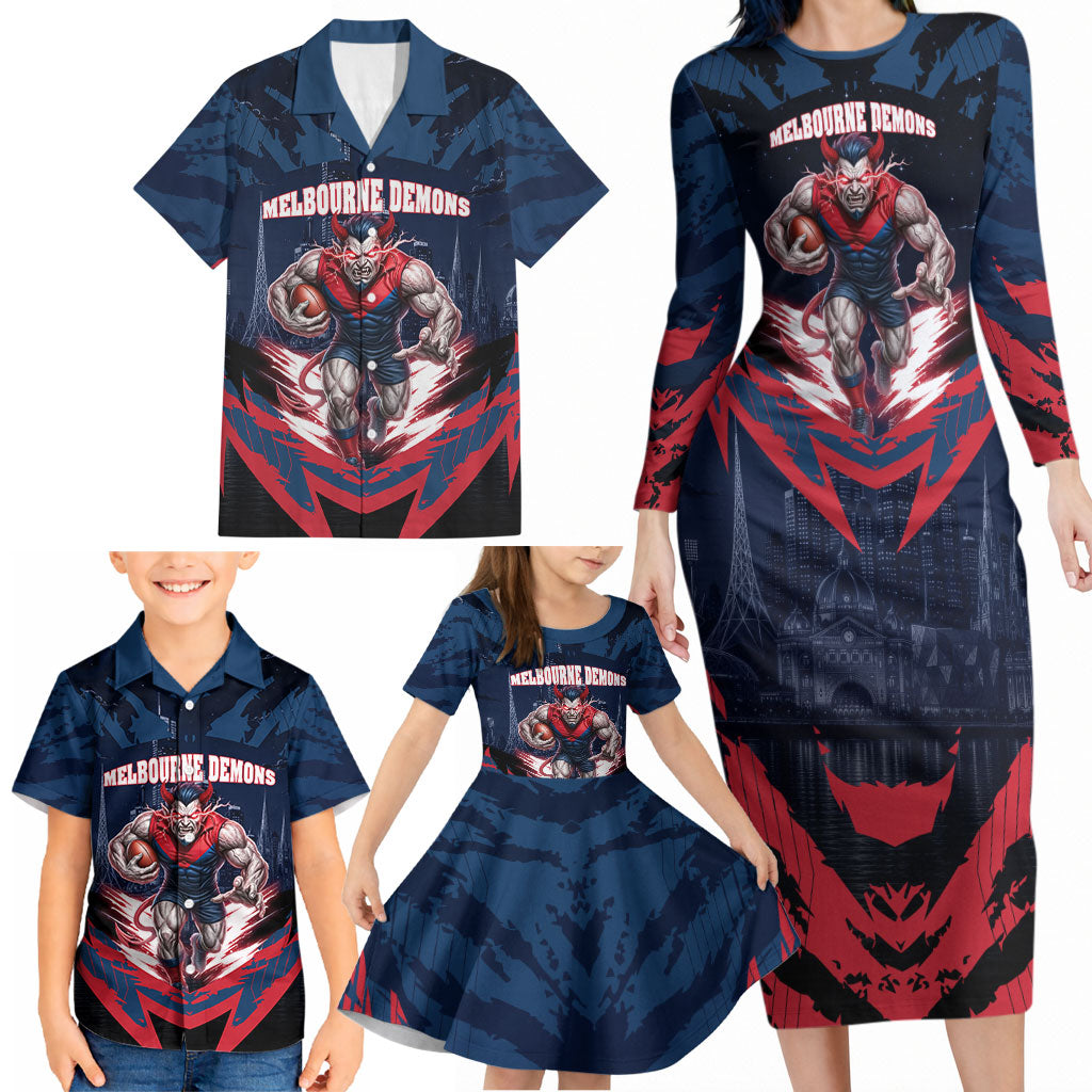 Personalised Melbourne Demons Football Family Matching Long Sleeve Bodycon Dress and Hawaiian Shirt Fierce Devil Mascot 3D Grunge City Art