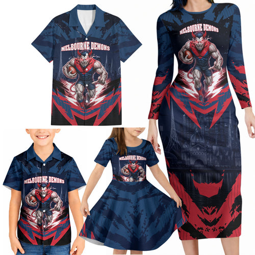 Personalised Melbourne Demons Football Family Matching Long Sleeve Bodycon Dress and Hawaiian Shirt Fierce Devil Mascot 3D Grunge City Art