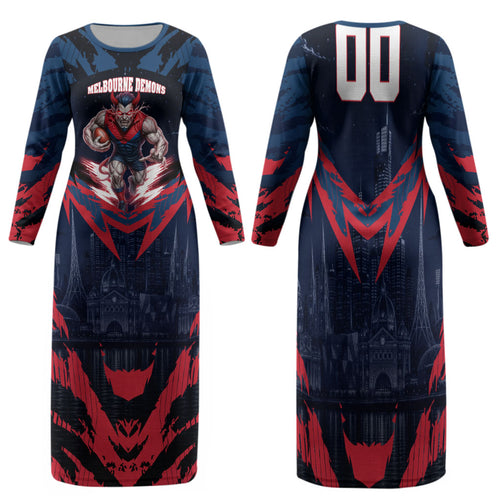 Personalised Melbourne Demons Football Family Matching Long Sleeve Bodycon Dress and Hawaiian Shirt Fierce Devil Mascot 3D Grunge City Art