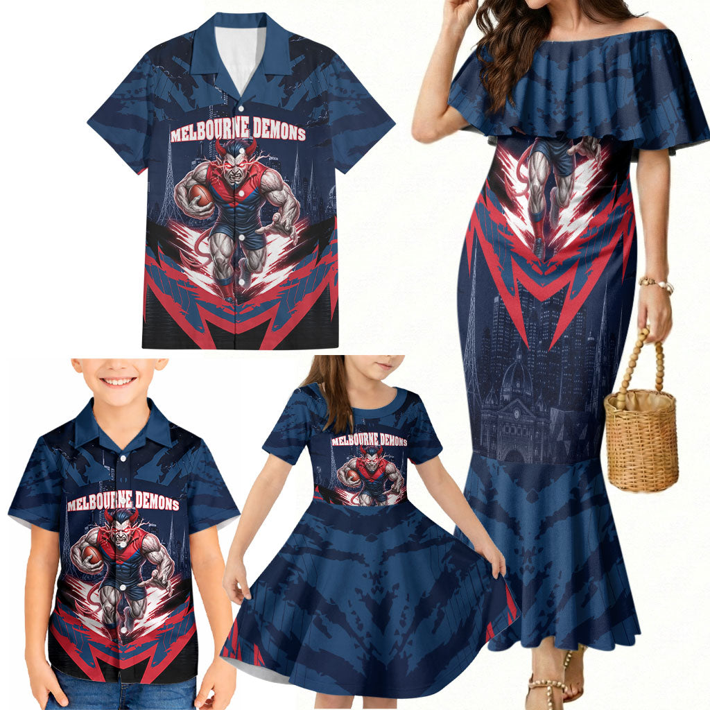 Personalised Melbourne Demons Football Family Matching Mermaid Dress and Hawaiian Shirt Fierce Devil Mascot 3D Grunge City Art
