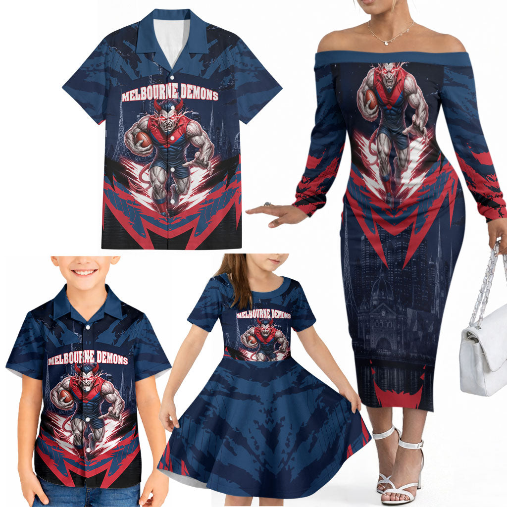 Personalised Melbourne Demons Football Family Matching Off The Shoulder Long Sleeve Dress and Hawaiian Shirt Fierce Devil Mascot 3D Grunge City Art