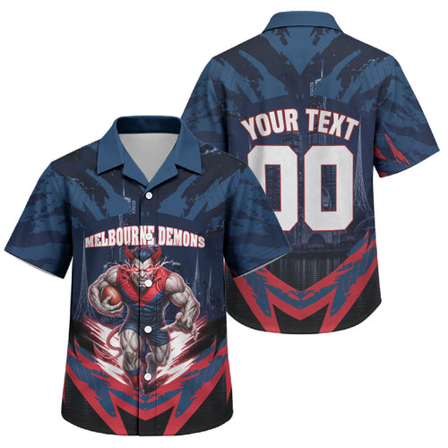 Personalised Melbourne Demons Football Family Matching Off Shoulder Maxi Dress and Hawaiian Shirt Fierce Devil Mascot 3D Grunge City Art