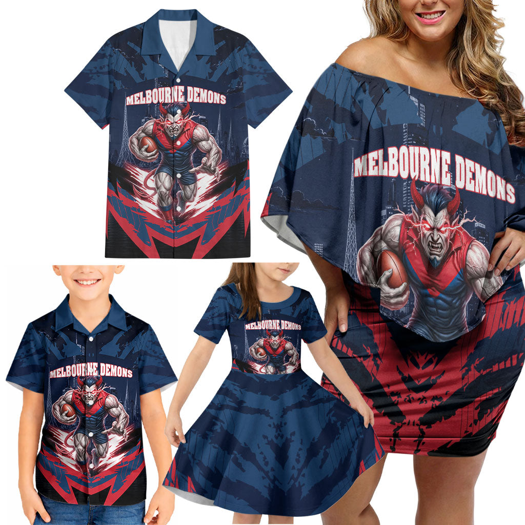 Personalised Melbourne Demons Football Family Matching Off Shoulder Short Dress and Hawaiian Shirt Fierce Devil Mascot 3D Grunge City Art