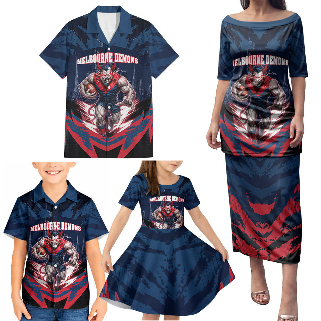 Personalised Melbourne Demons Football Family Matching Puletasi and Hawaiian Shirt Fierce Devil Mascot 3D Grunge City Art