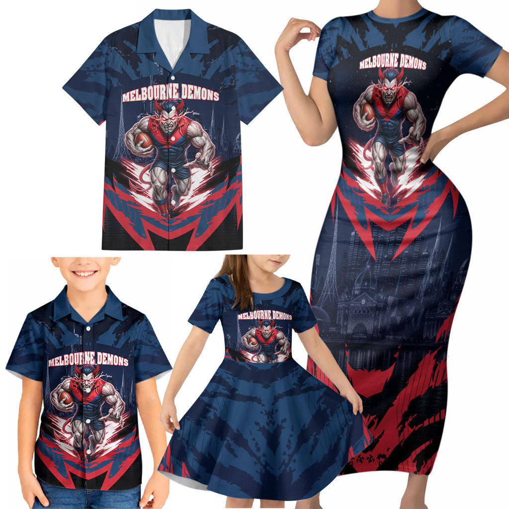 Personalised Melbourne Demons Football Family Matching Short Sleeve Bodycon Dress and Hawaiian Shirt Fierce Devil Mascot 3D Grunge City Art
