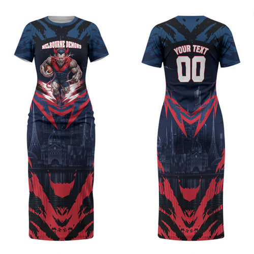 Personalised Melbourne Demons Football Family Matching Short Sleeve Bodycon Dress and Hawaiian Shirt Fierce Devil Mascot 3D Grunge City Art