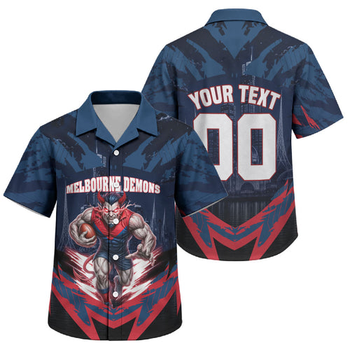 Personalised Melbourne Demons Football Family Matching Short Sleeve Bodycon Dress and Hawaiian Shirt Fierce Devil Mascot 3D Grunge City Art