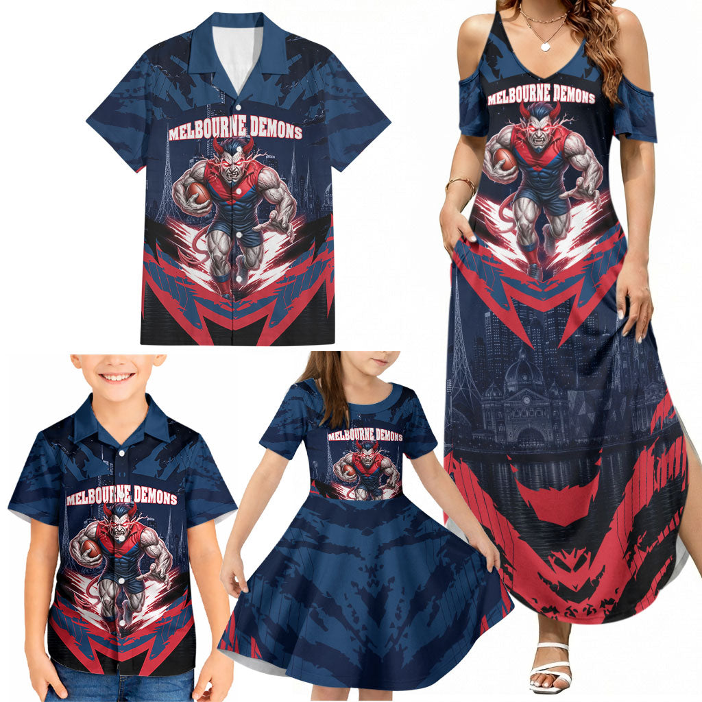 Personalised Melbourne Demons Football Family Matching Summer Maxi Dress and Hawaiian Shirt Fierce Devil Mascot 3D Grunge City Art