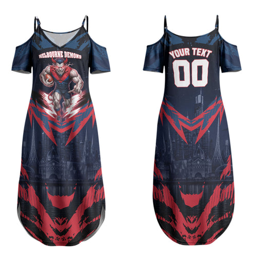 Personalised Melbourne Demons Football Family Matching Summer Maxi Dress and Hawaiian Shirt Fierce Devil Mascot 3D Grunge City Art
