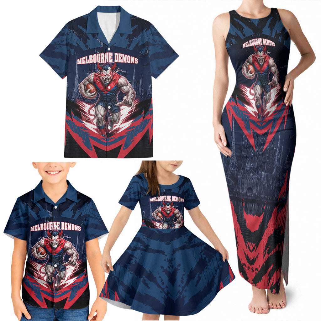 Personalised Melbourne Demons Football Family Matching Tank Maxi Dress and Hawaiian Shirt Fierce Devil Mascot 3D Grunge City Art