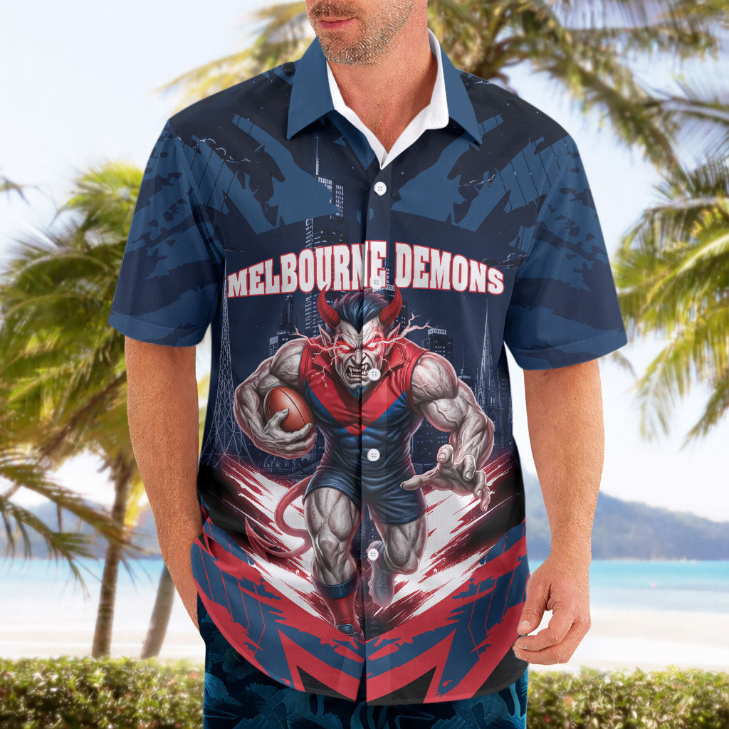 Personalised Melbourne Demons Football Hawaiian Shirt Fierce Devil Mascot 3D Grunge City Art