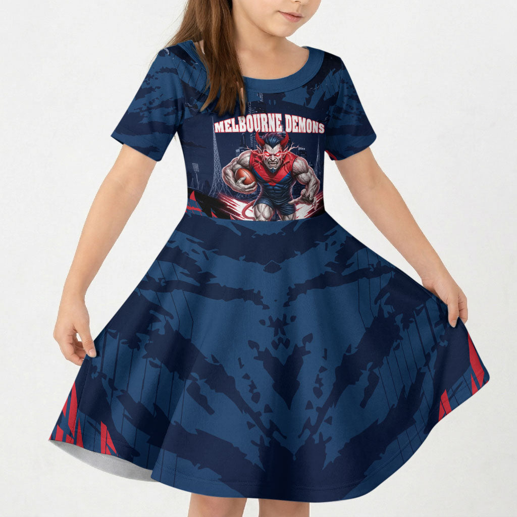 Personalised Melbourne Demons Football Kid Short Sleeve Dress Fierce Devil Mascot 3D Grunge City Art