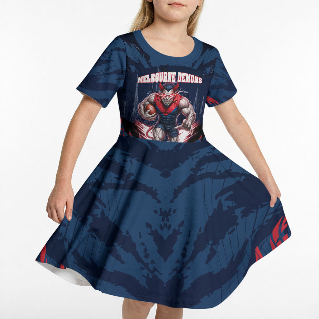 Personalised Melbourne Demons Football Kid Short Sleeve Dress Fierce Devil Mascot 3D Grunge City Art
