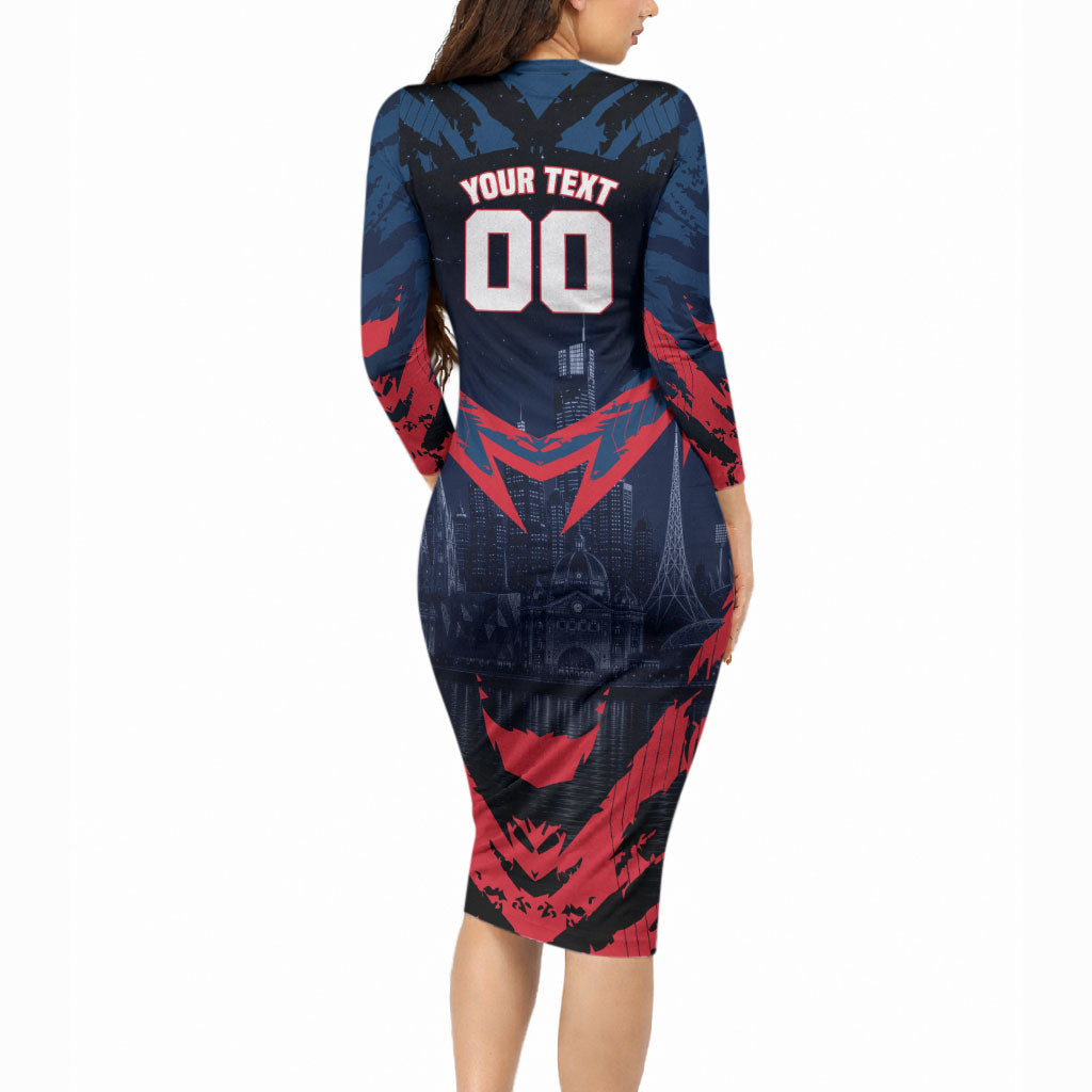 Personalised Melbourne Demons Football Long Sleeve Bodycon Dress Fierce Devil Mascot 3D Grunge City Art