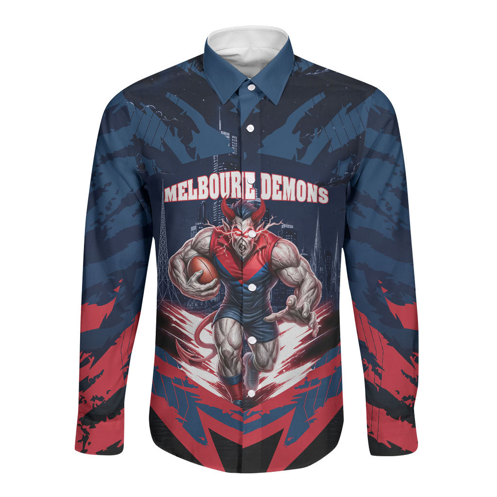 Personalised Melbourne Demons Football Long Sleeve Button Shirt Fierce Devil Mascot 3D Grunge City Art