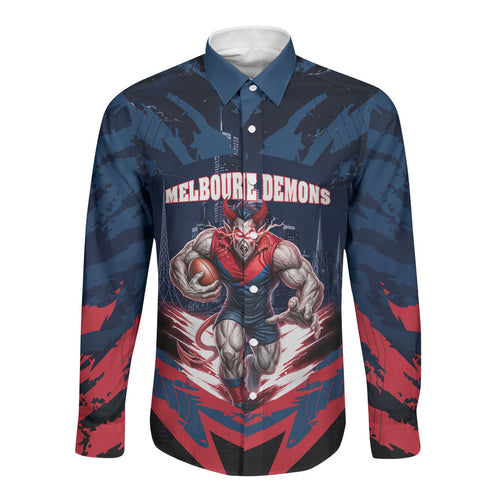 Personalised Melbourne Demons Football Long Sleeve Button Shirt Fierce Devil Mascot 3D Grunge City Art
